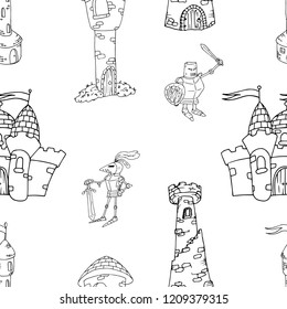 Knight, castle with towers seamless pattern. Vector illustration of a seamless pattern of fairytale characters  knight. Hand drawn castle with tower knight.