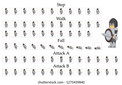 Knight character animation for 2d games. Movement of man in armor and with a sword.