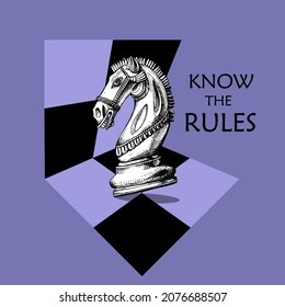 Knight Chess figure on a checkered background. Textile composition, hand drawn style print. Vector illustration.