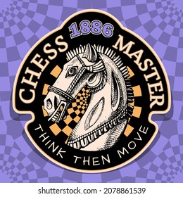 Knight Chess figure on a checkered background. Emblem. Chessboard. Textile composition, hand drawn style print. Vector illustration.