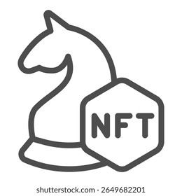 Knight chess with non fungible token line icon, NFT multiverse concept. Vector graphics. In game assets, gaming sign on white background, outline style icon for mobile or web design