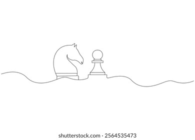 Knight chess one line drawing and Knight chess continuous isolated outline flat vector illustration