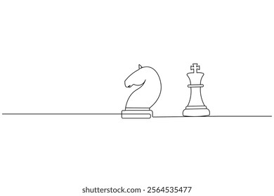 Knight chess one line drawing and Knight chess continuous isolated outline flat vector illustration