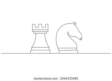 Knight chess one line drawing and Knight chess continuous isolated outline flat vector illustration