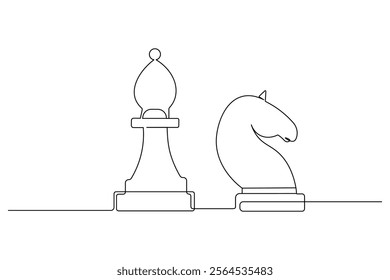 Knight chess one line drawing and Knight chess continuous isolated outline flat vector illustration