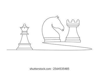 Knight chess one line drawing and Knight chess continuous isolated outline flat vector illustration