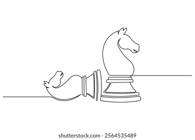 Knight chess one line drawing and Knight chess continuous isolated outline flat vector illustration