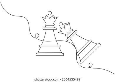 Knight chess one line drawing and Knight chess continuous isolated outline flat vector illustration