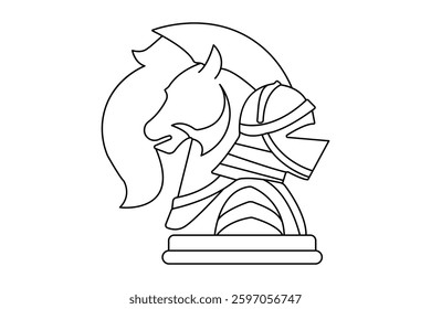 Knight chess one line drawing of minimalist vector icon with black and white background