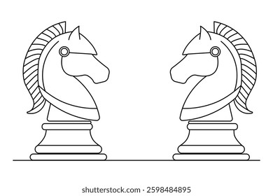 Knight chess one line drawing of minimalist vector icon with black and white background