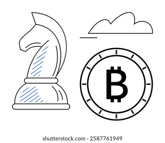 Knight chess piece with blue shading, Bitcoin symbol inside a circle, and a cloud outline. Ideal for strategy, finance, cryptocurrency, technology, investment, planning, innovation themes. Line