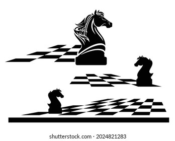 knight chess piece on a game board -  black and white vector outline of horse head and checkerboard