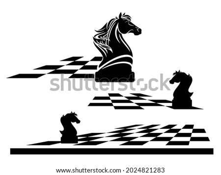 knight chess piece on a game board -  black and white vector outline of horse head and checkerboard