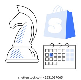 Knight chess piece, shopping bag with the letter S, and calendar with check mark. Ideal for strategy planning, business development, marketing, e-commerce, and scheduling. Minimalist line art style