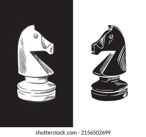 Knight chess piece in the sketch style. Black and white horses. Vector hand-drawn illustration. 