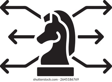a knight chess piece surrounded by arrows. Suggesting strategy, tactics, or decision-making within a chess game.