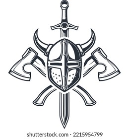 Knight crest with horned crusader helmet, crossed axes and sword, chivalry blazon, vector