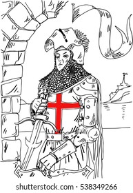 A knight crusader with sword and flag. Vector.