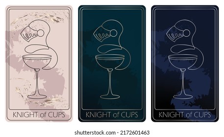 Ritter von Cups. Eine Karte des kleinen Arcana mit einer Linie, die Tarot-Karten zieht. Tarot Deck. Lineare Vektorgrafik mit okkulten, mystischen und esoterischen Symbolen. 3 Farben. Vorläufig auf 2,75 x 4,75 in