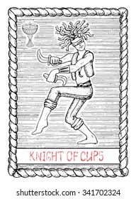 Knight of cups. The minor arcana tarot card, vintage hand drawn engraved illustration with mystic symbols. Warrior with snakes instead hair, blind man dancing with daggers