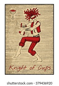 Knight of cups in red. The minor arcana tarot card, vintage hand drawn engraved illustration with mystic symbols. Warrior with snakes instead hair , blind man dancing with daggers