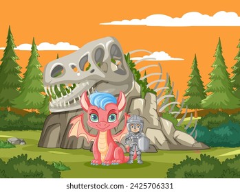 A knight and a cute dragon beside a dinosaur skeleton.