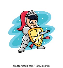 Ritter mit defensiver Haltung. Cartoon-Vektorgrafik einzeln auf Premium-Vektorgrafik