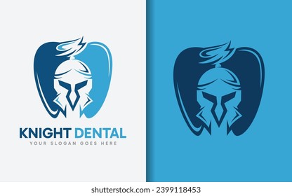 Knight Dental Logo Design. Abstract Dental Tooth Combined with Knight Mask Logo Concept. Vector Logo Illustration.