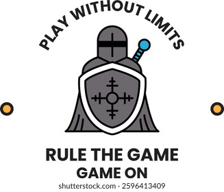 A knight is depicted on a shield with a cross on it. The shield is surrounded by a circle of arrows. The text reads "Play without limits