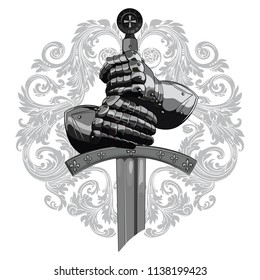 Knight design. Armour gloves of the knight, shield and the sword of the Crusader, isolated on white, vector illustration