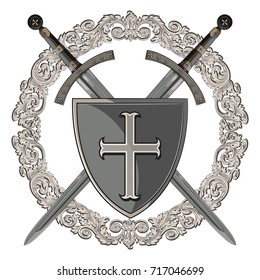 Knight design. Two crossed knight of the sword in the frame of medieval ornament and medieval heraldic shield, isolated on white, vector illustration, eps-10