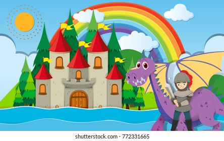 Knight and dragon at the castle illustration