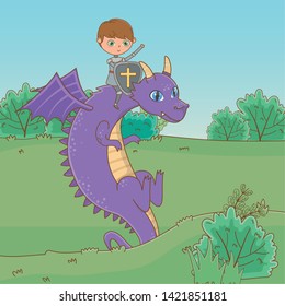Knight and dragon of fairytale design vector illustration