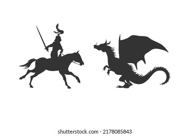 knight and dragon fight silhouette. Medieval battle outlines. Vector illustration