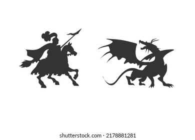 knight and dragon fight silhouette. Medieval battle outlines. Vector illustration