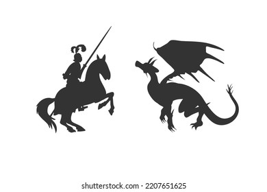 knight and dragon fight silhouette. Medieval battle outlines. Vector illustration