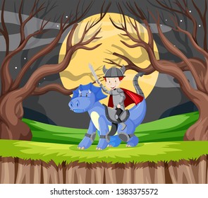 Knight and dragon in forest illustration