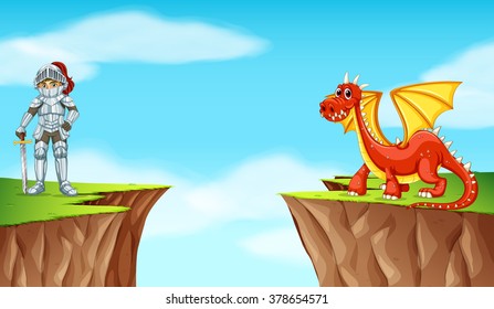 Knight and dragon on the cliff illustration