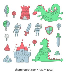 Knight and Dragon set. Vector illustration.