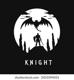 knight and dragon silhouettes vector illustration
