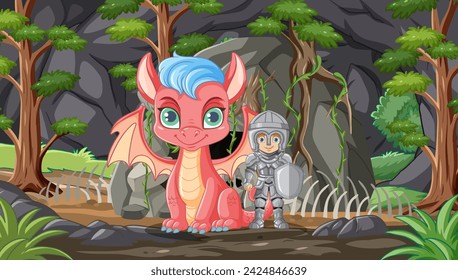 A knight and a dragon sitting together in a forest