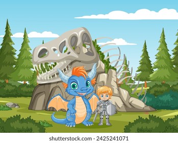 A knight and dragon smiling together outdoors