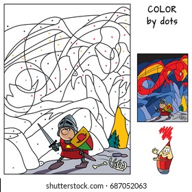 Knight in the dragon's cave. Paint the picture by dots. Educational game for children. Coloring book. Cartoon vector illustration