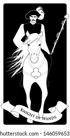 Knight dressed in the old style, with mustache and feather hat holding a wand surrounded by leaves and flowers, riding an elegant horse with long mane and clover emblem on the chest.