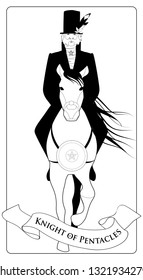 Knight dressed in the old style riding an elegant horse with long mane and golden pentacle in the chest. Outlines. Spanish playing cards coloring.