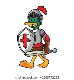 Knight duck vector cartoon illustration. Animal costume icon concept isolated in white background.