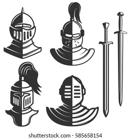 Knight emblems template with swords isolated on white background. Design element for logo, label, emblem, sign, brand mark. Vector illustration.