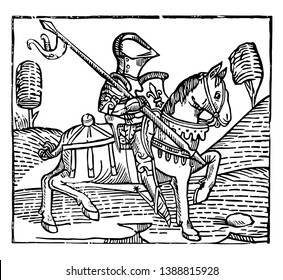 The Knight is an engraving from William Caxton's Game, vintage line drawing or engraving illustration.