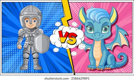 A knight faces a cute dragon in battle