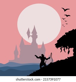 knight facing castle under full moon